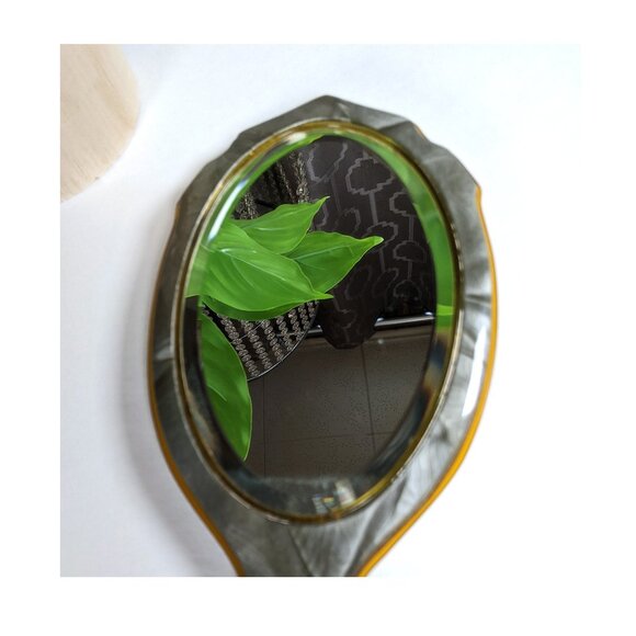 Antique Celluloid Gray Pearlized Beveled Hand Mirror Decor Primitive Art Deco - Picture 6 of 7